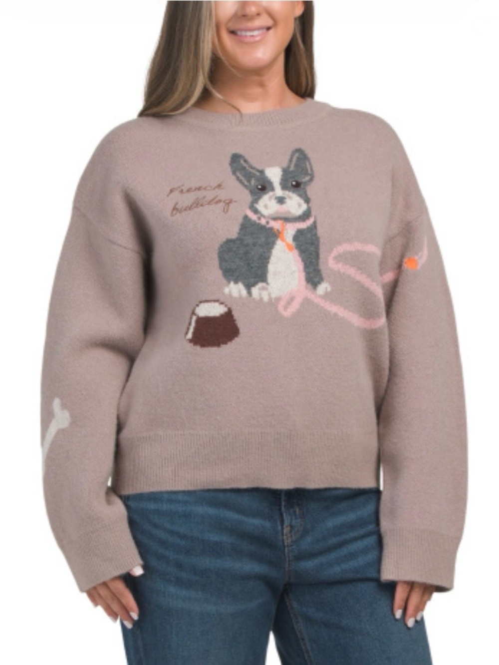 NWT English Factory French Bulldog Intarsia Crewneck Sweater - Taupe multi- S